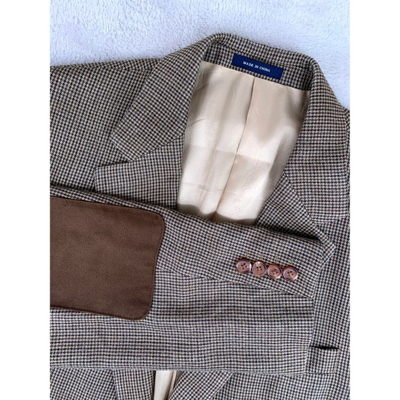 Ralph Lauren Blazer Mens 42R Brown Houndstooth Silk Wool Cashmere Elbow Patches